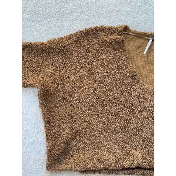 Free People Women's Small Popcorn Cropped Drop Shoulder V-neck Sweater Brown - Picture 4 of 9